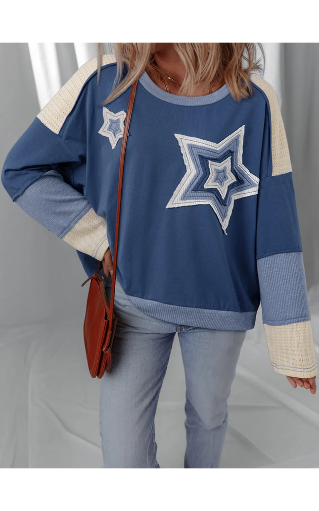 Contrast Knitted Colorblock Star Patchwork Oversize Long Sleeve Top
