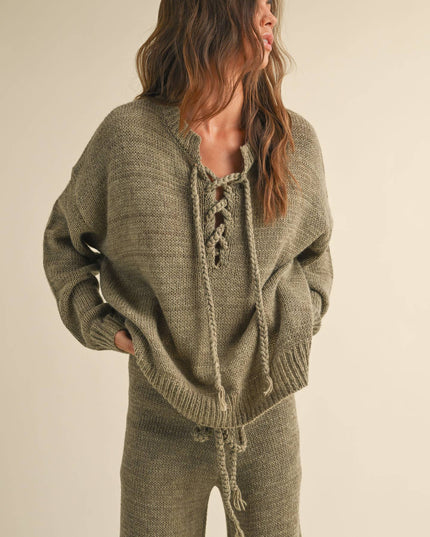 Olive Lace Up Sweater