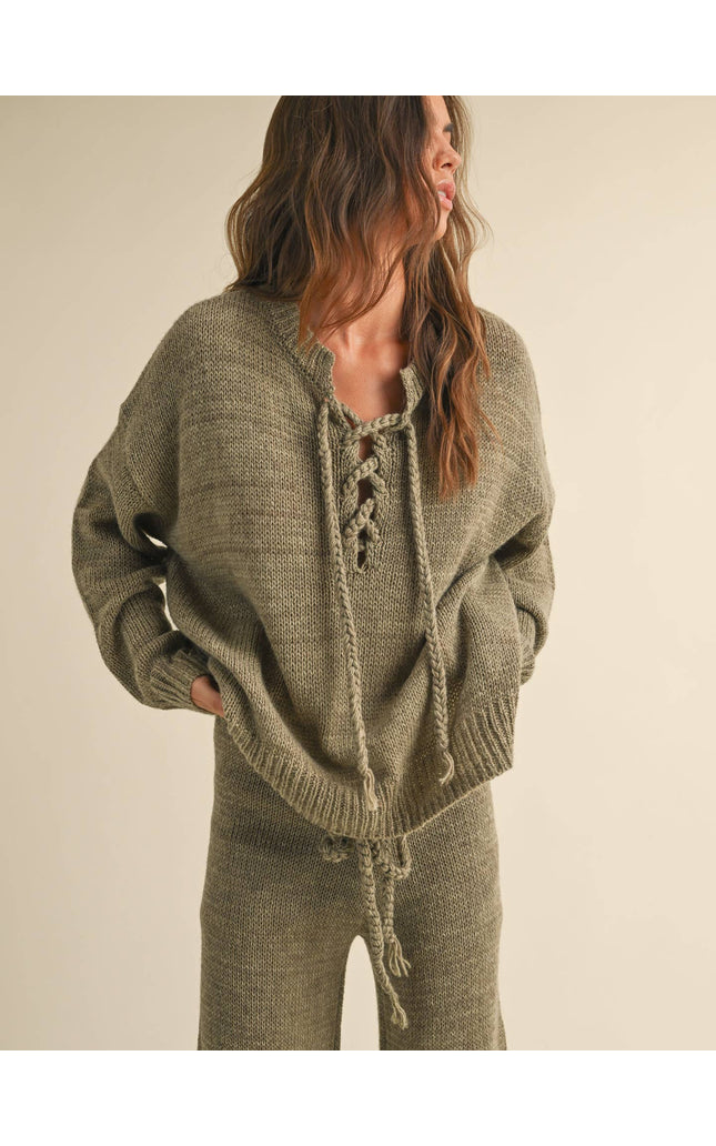 Olive Lace Up Sweater