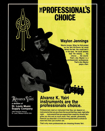 WAYLON JENNINGS - ALVAREZ-YAIRI GUITARS - 1986 Print Advertisement