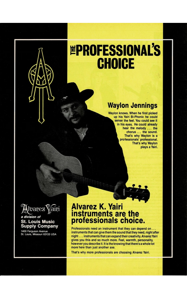 WAYLON JENNINGS - ALVAREZ-YAIRI GUITARS - 1986 Print Advertisement