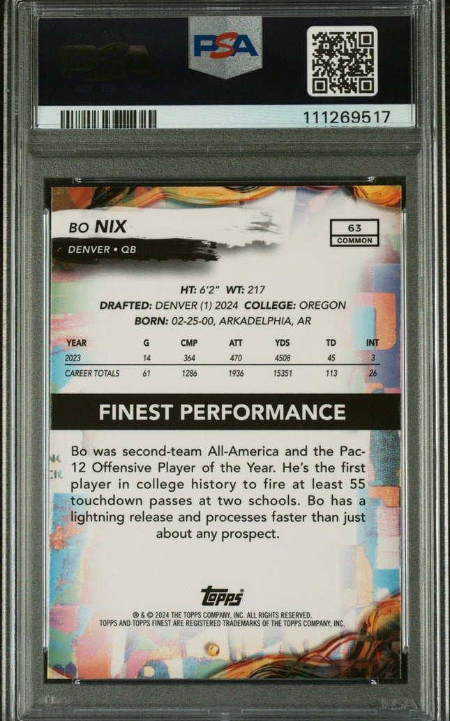 Graded 2024 Topps Finest Bo Nix #63 Rookie RC Football Card PSA 10 Gem Mint