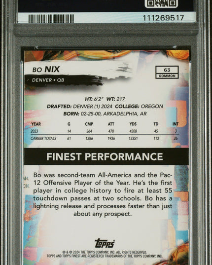 Graded 2024 Topps Finest Bo Nix #63 Rookie RC Football Card PSA 10 Gem Mint