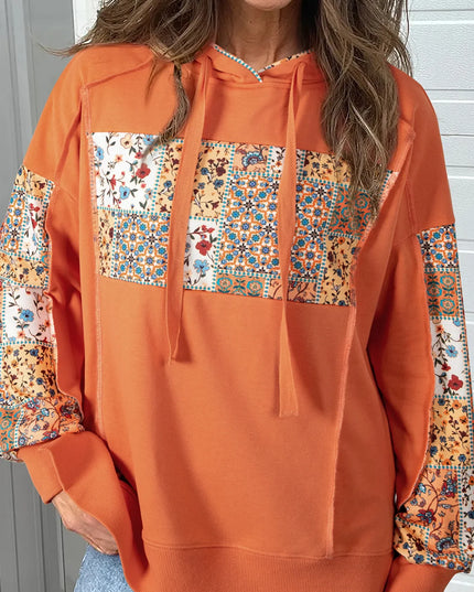 Floral Patchwork Hoodie with Drawstring