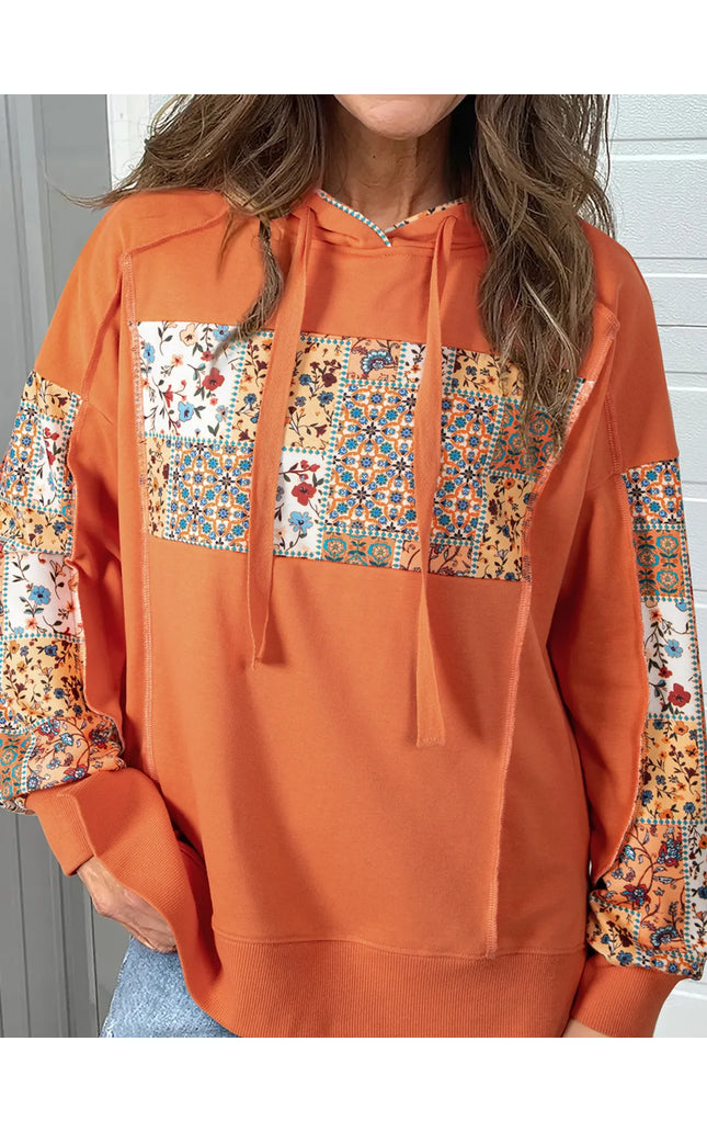 Floral Patchwork Hoodie with Drawstring