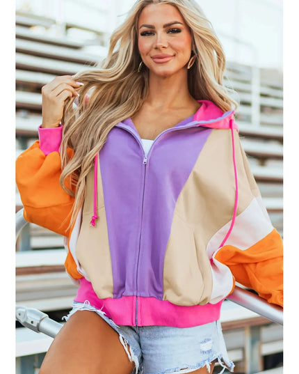 Women Drawstring Color Block Zip Up Long Sleeve Hoodie