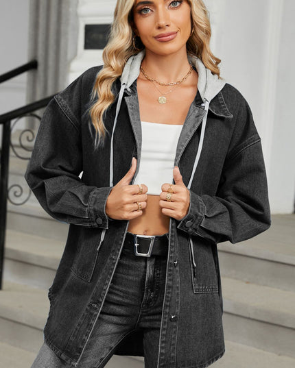 Removable Hood Button Up Long Sleeve Denim Jacket