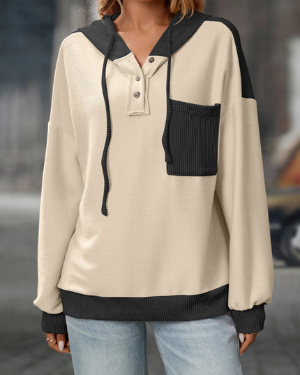 Drawstring Button Detail Long Sleeve Hoodie