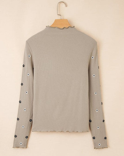 Floral Ribbed Embroidered Long Sleeve Top