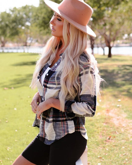 Women Distressed Raw Edge Plaid Print Shirt