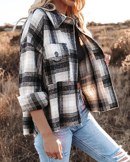 Women Pocketed Plaid Button Down Long Sleeve Shacket