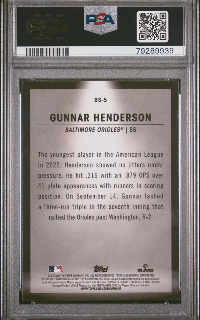 Graded 2023 Topps Bowman Gunnar Henderson #BS5 Spotlights Rookie RC Baseball Card PSA 10 Gem Mint