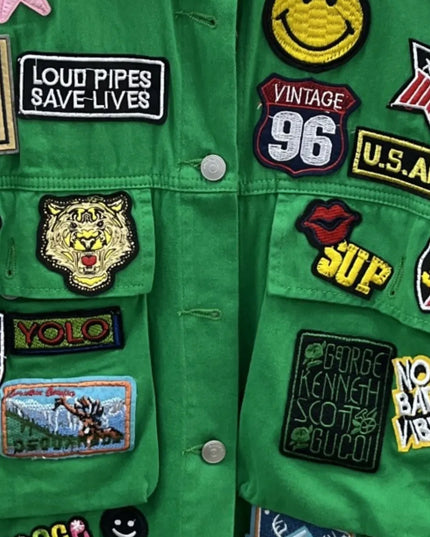 Embroidered Patch Button Up Long Sleeve Denim Jacket