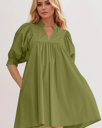 Oh Frill Notched Puff Sleeve Babydoll Mini Dress