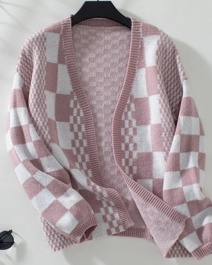 Double Take Checkered Open Front Dropped Shoulder Cardigan