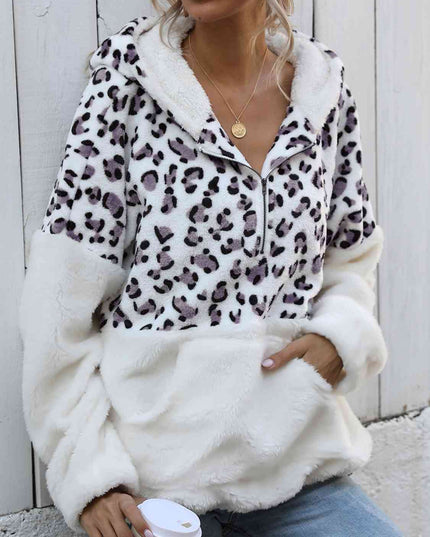 Women Leopard Half-Zip Dropped Shoulder Hoodie