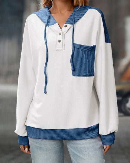 Drawstring Button Detail Long Sleeve Hoodie