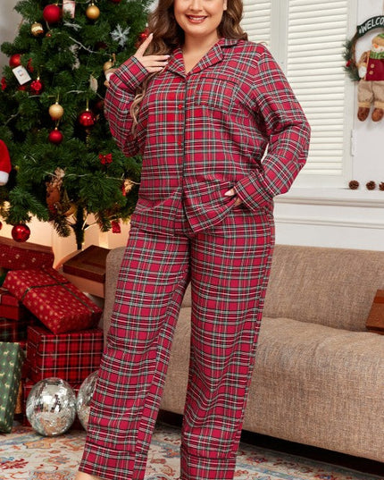 Plus Size Christmas Plaid Shirt and Pants Set