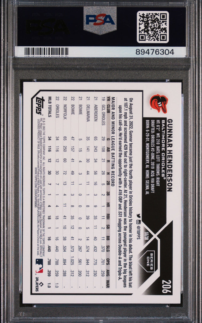 Graded 2023 Topps Gunnar Henderson #206 Rookie RC Baseball Card PSA 10 Gem Mint