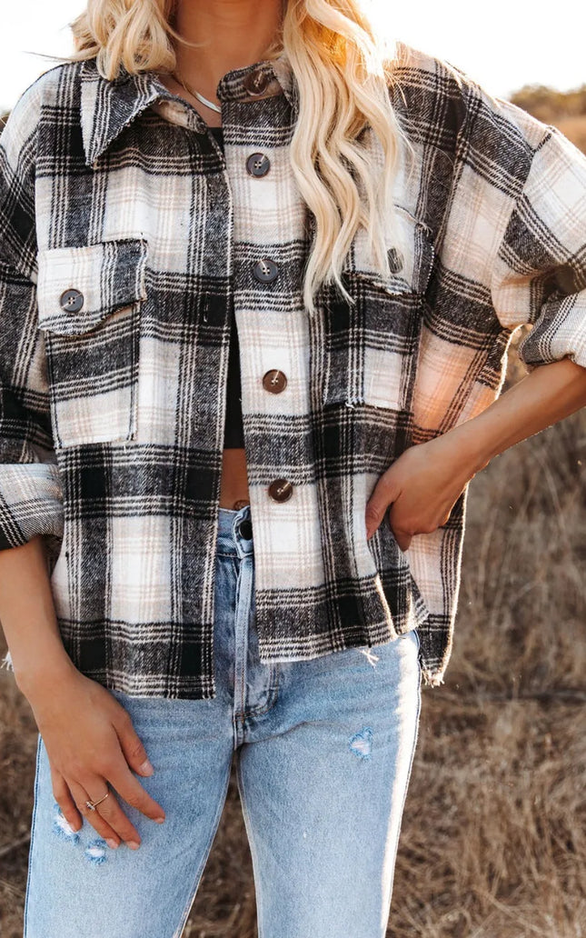 Women Pocketed Plaid Button Down Long Sleeve Shacket