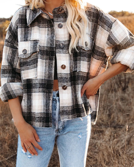 Women Pocketed Plaid Button Down Long Sleeve Shacket