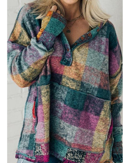 Women Multicolor Brushed Plaid Buttoned Pullover Oversized Hoodie