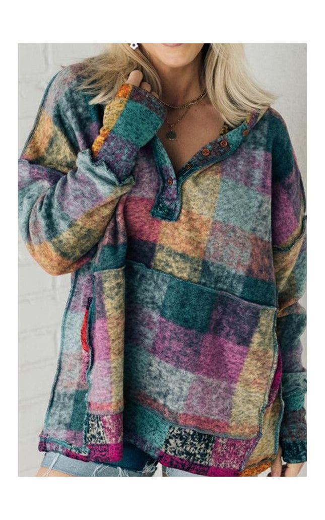 Women Multicolor Brushed Plaid Buttoned Pullover Oversized Hoodie