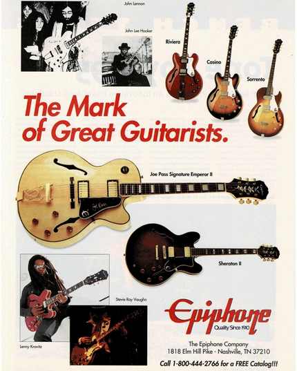 EPIPHONE GUITARS - JOHN LENNON / KRAVITZ / SRV / JOHN LEE HOOKER - 1995 Print Ad