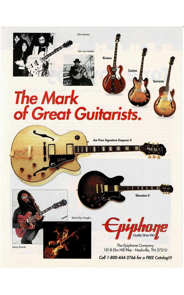 EPIPHONE GUITARS - JOHN LENNON / KRAVITZ / SRV / JOHN LEE HOOKER - 1995 Print Ad