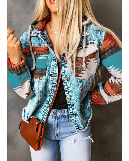 Women Drawstring Hooded Pocketed Denim Jacket