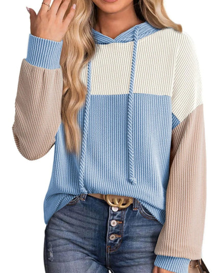 Women Drawstring Color Block Long Sleeve Hoodie