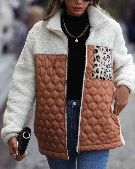 Women Leopard Color Block Zip-Up Jacket