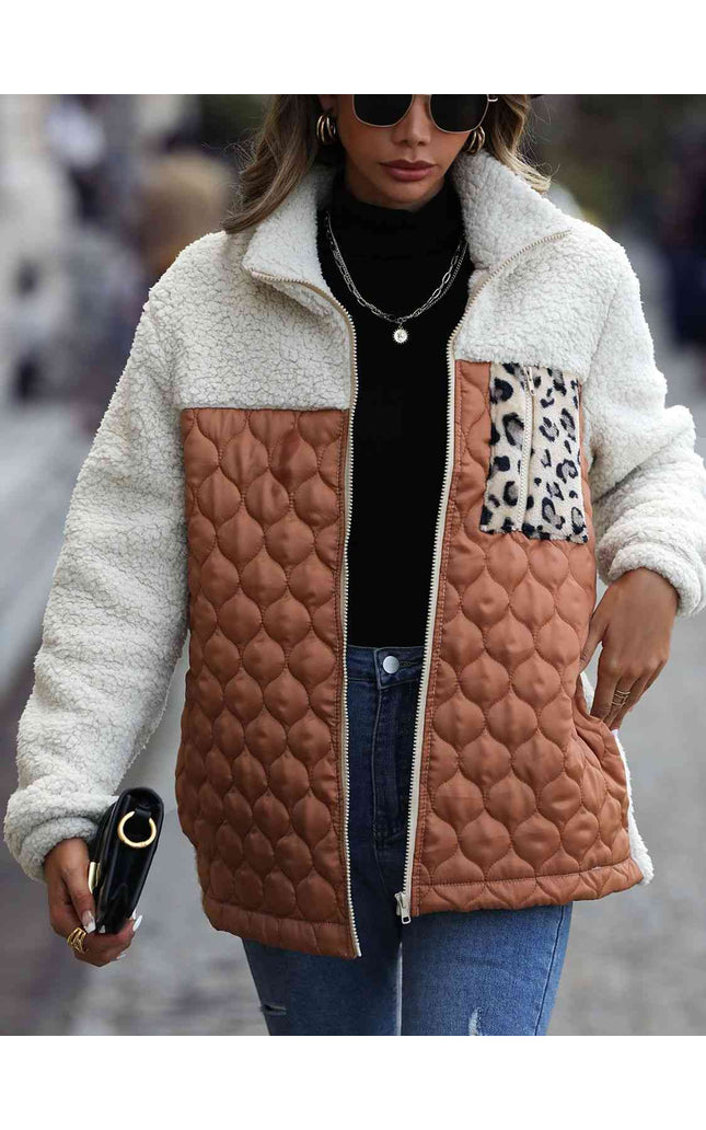 Women Leopard Color Block Zip-Up Jacket