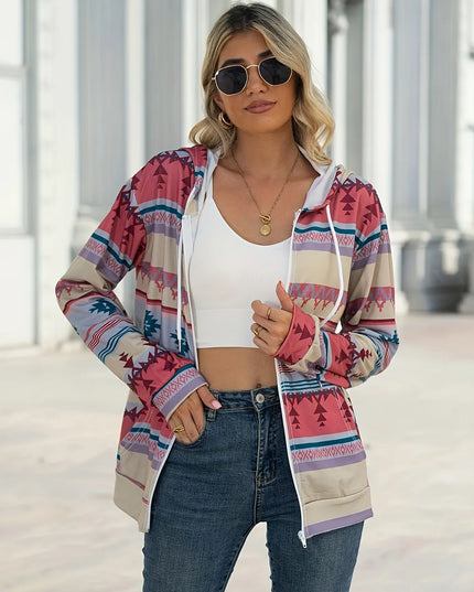 Geometric Zip Up Long Sleeve Hooded Jacket