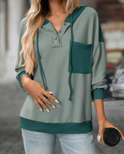 Drawstring Button Detail Long Sleeve Hoodie
