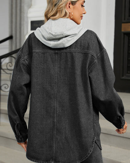 Removable Hood Button Up Long Sleeve Denim Jacket