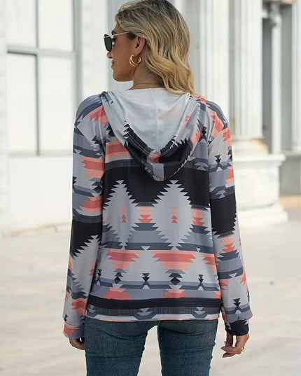 Geometric Zip Up Long Sleeve Hooded Jacket