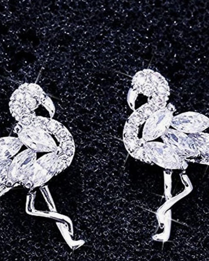 925 Sterling Silver Crystal Flamingo Bird Stud Earring Set, Elegant Gift For Her