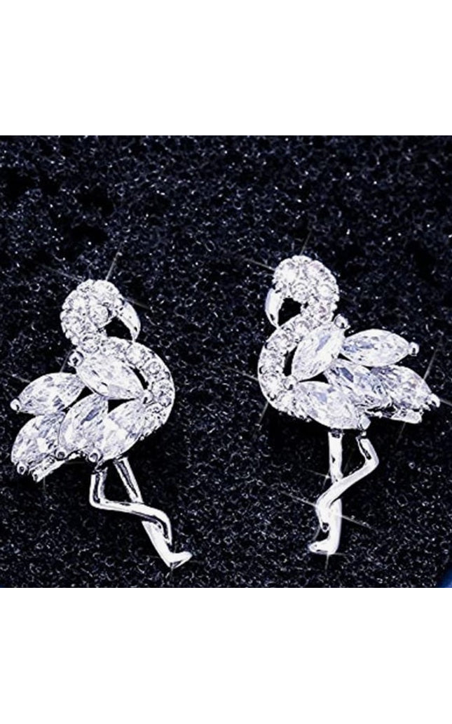 925 Sterling Silver Crystal Flamingo Bird Stud Earring Set, Elegant Gift For Her