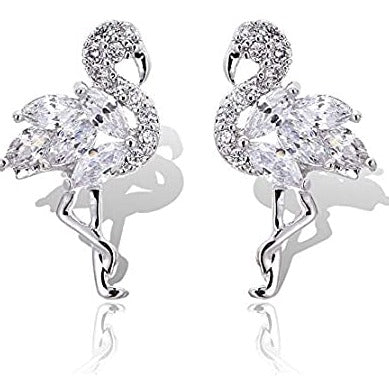 925 Sterling Silver Crystal Flamingo Bird Stud Earring Set, Elegant Gift For Her