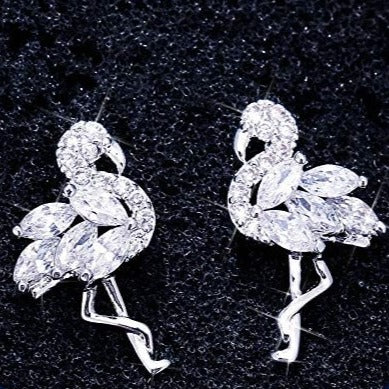 925 Sterling Silver Crystal Flamingo Bird Stud Earring Set, Elegant Gift For Her