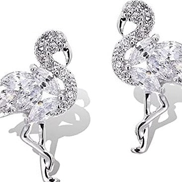 925 Sterling Silver Crystal Flamingo Bird Stud Earring Set, Elegant Gift For Her