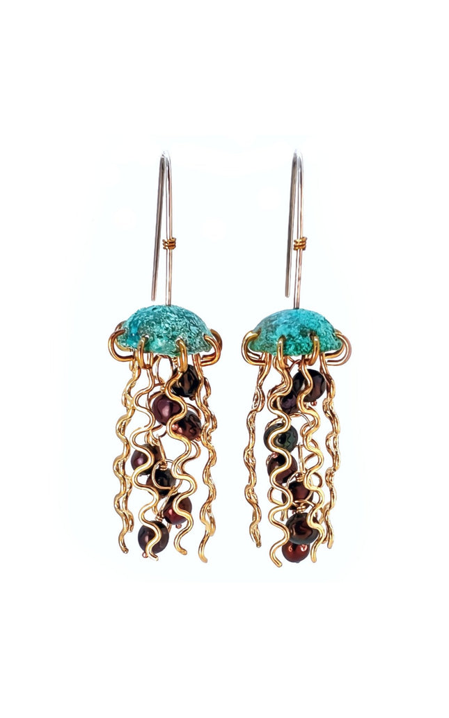 Green Copper Jellyfish Earrings with Dark Pearls and Sterling Silver Earwires