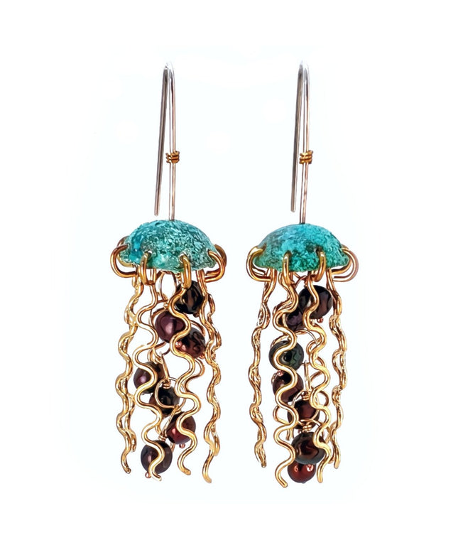 Green Copper Jellyfish Earrings with Dark Pearls and Sterling Silver Earwires
