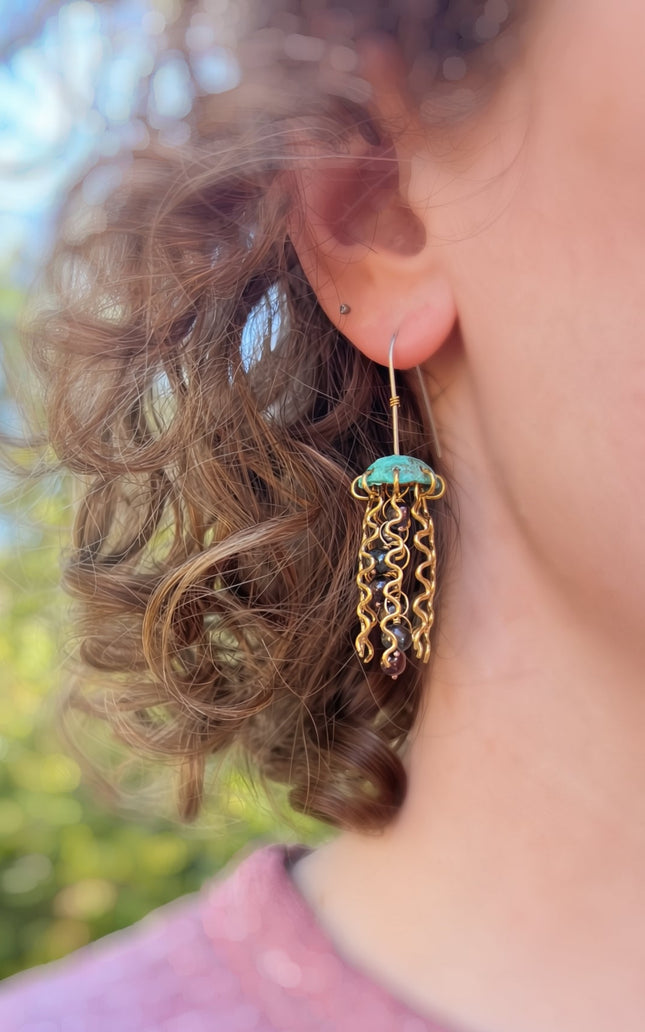 Green Copper Jellyfish Earrings with Dark Pearls and Sterling Silver Earwires