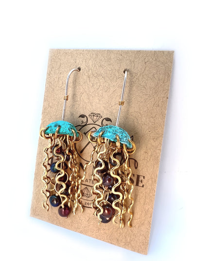 Green Copper Jellyfish Earrings with Dark Pearls and Sterling Silver Earwires