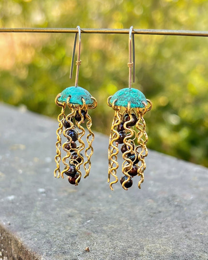 Green Copper Jellyfish Earrings with Dark Pearls and Sterling Silver Earwires