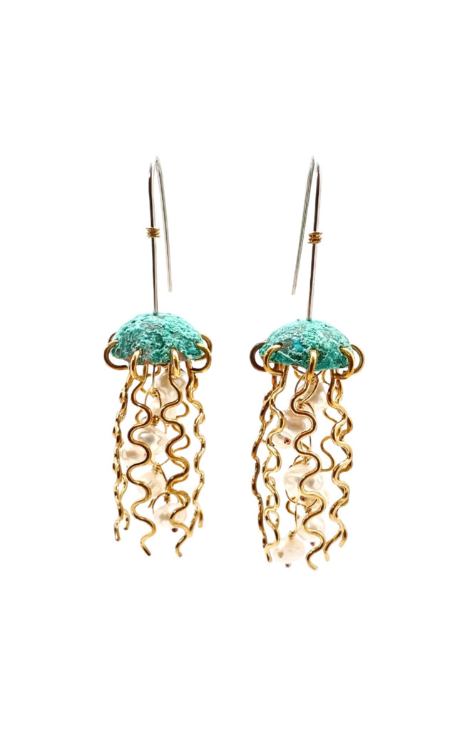 Green Copper Jellyfish Earrings with White Pearls and Sterling Silver Earwires