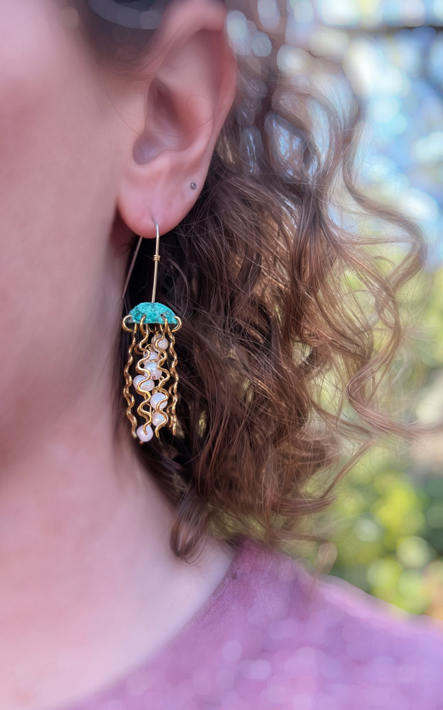 Green Copper Jellyfish Earrings with White Pearls and Sterling Silver Earwires