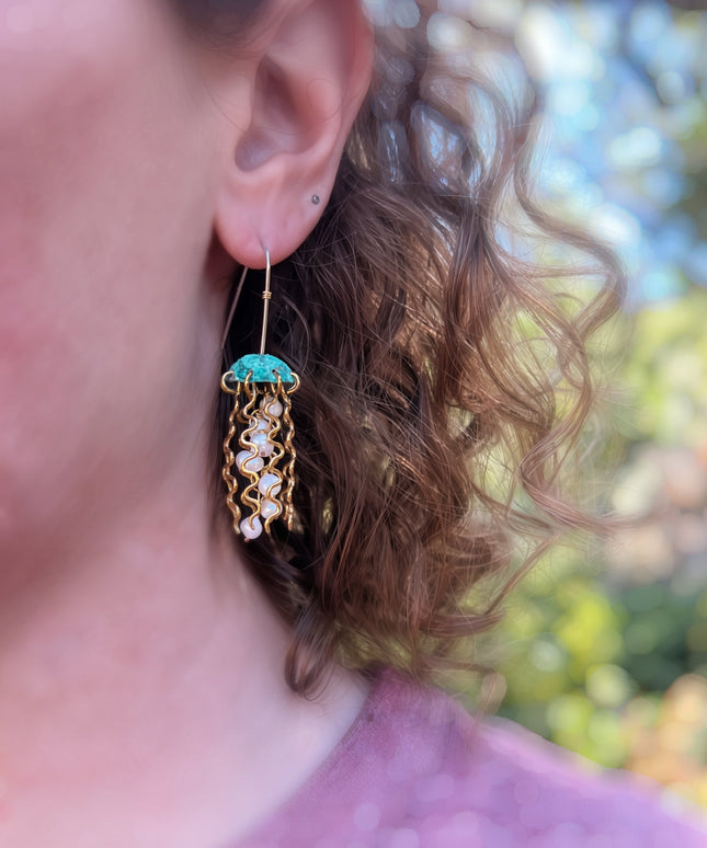 Green Copper Jellyfish Earrings with White Pearls and Sterling Silver Earwires